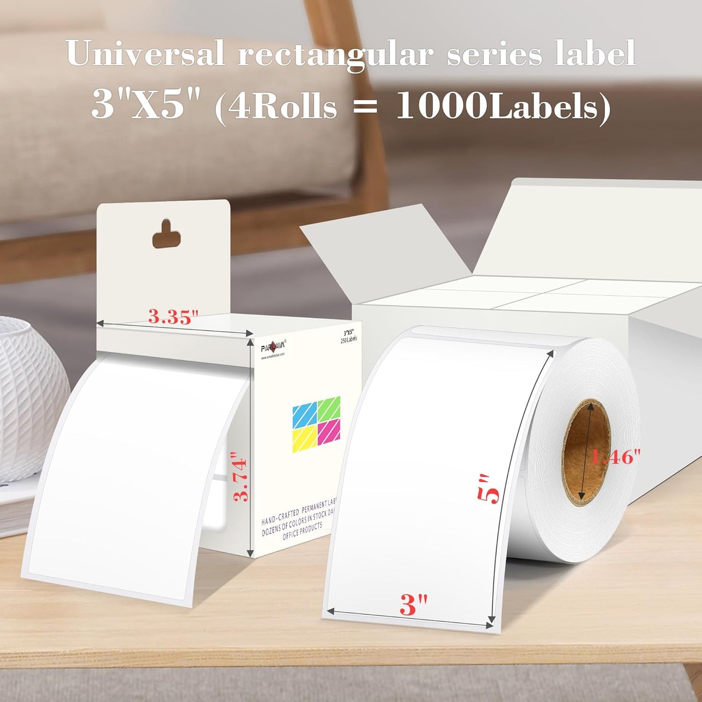 PARLAIM 3x5 inch Rectangle Color Code Stickers, 1000PCS 4 Rolls Square Adhesive Inventory Label, White