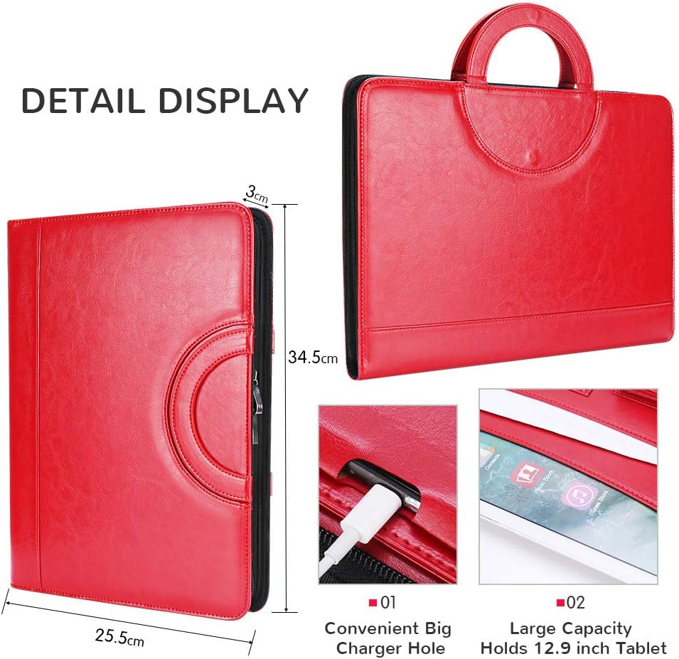 Darolin Zippered Leather Padfolio Portfolio with [Hidden Handle] and [Clipboard], Business Conference Portfolio Organizer Notepad Folder, Padfolio for Women/Men (Red)