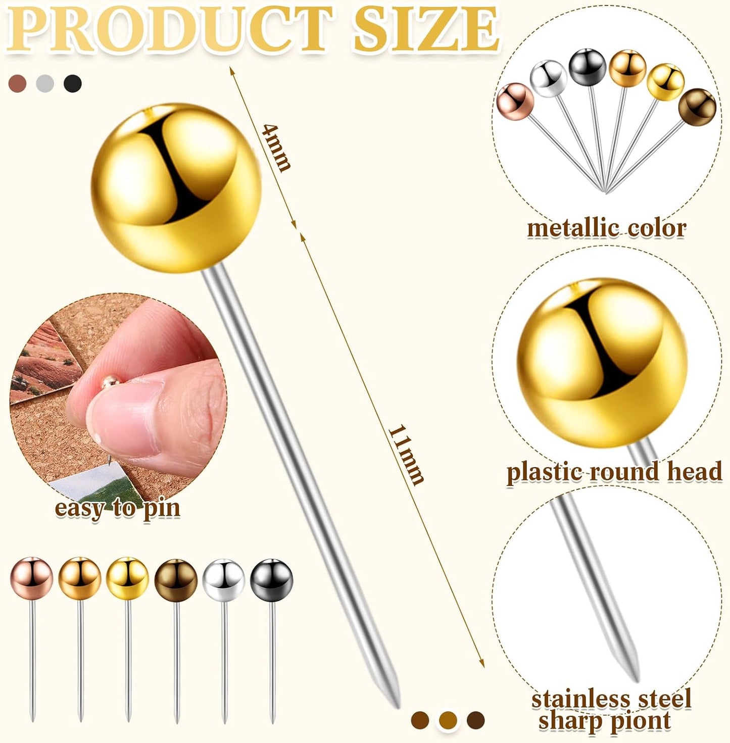 Outus 500 Pieces Map Push Pins 1/8 Inch Map Tacks Plastic Round Head Tacks with Steel Points(Metallic Color, 1/8 Inch)