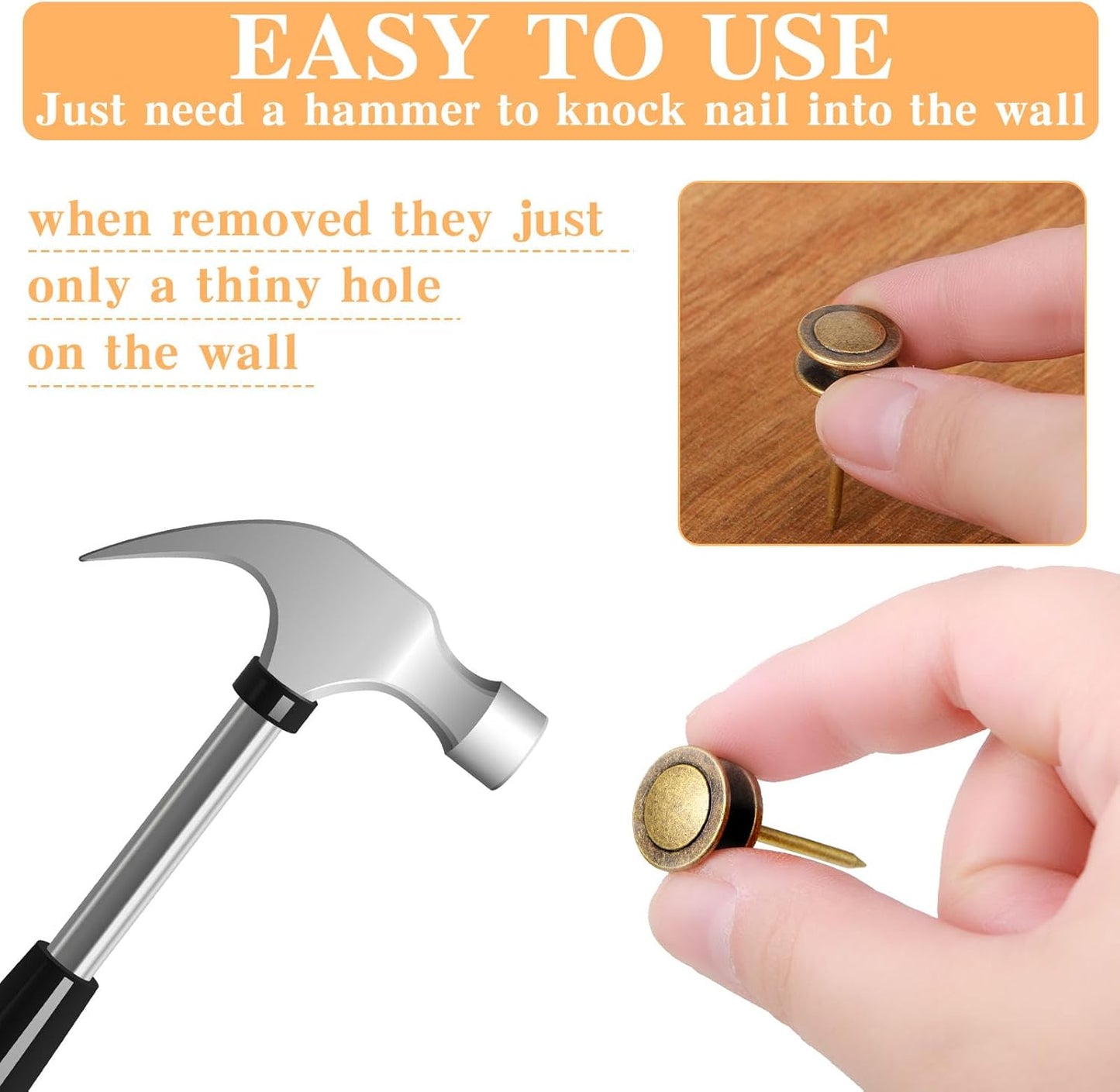 Ferraycle 40 Piece Double Headed Picture Hangers Nails 4 Size Long Thumb Tacks for Wall Hanging Decorative Nails Push Pins Picture Hooks for Drywall Photo Decor, 10/20/ 30/ 50lb(Bronze)