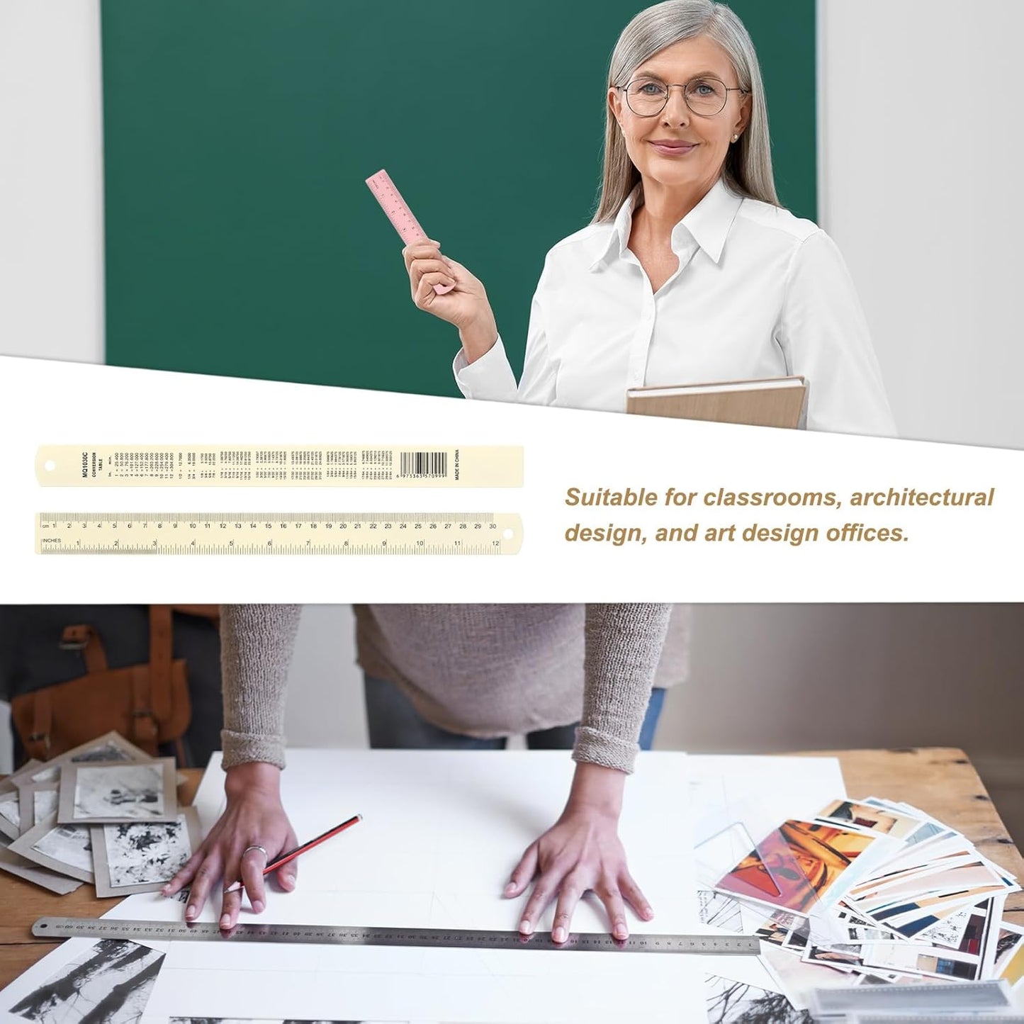 HARFINGTON 4pcs Metal Straight Ruler 30cm Metric SAE Aluminum Alloy Measuring Rulers Scale Tool with Hole for Measure Study Reading Classroom Office, White