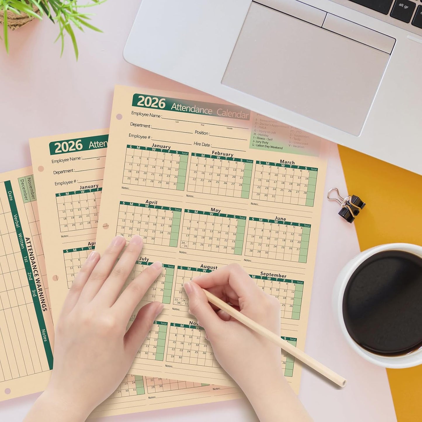 2026 Attendance Calendar Employee Work Tracker Attendance Calendar Cards - 8.5 X 11 Inches Durable and Thick Cardstock/25 Sheets per Pack (Green)