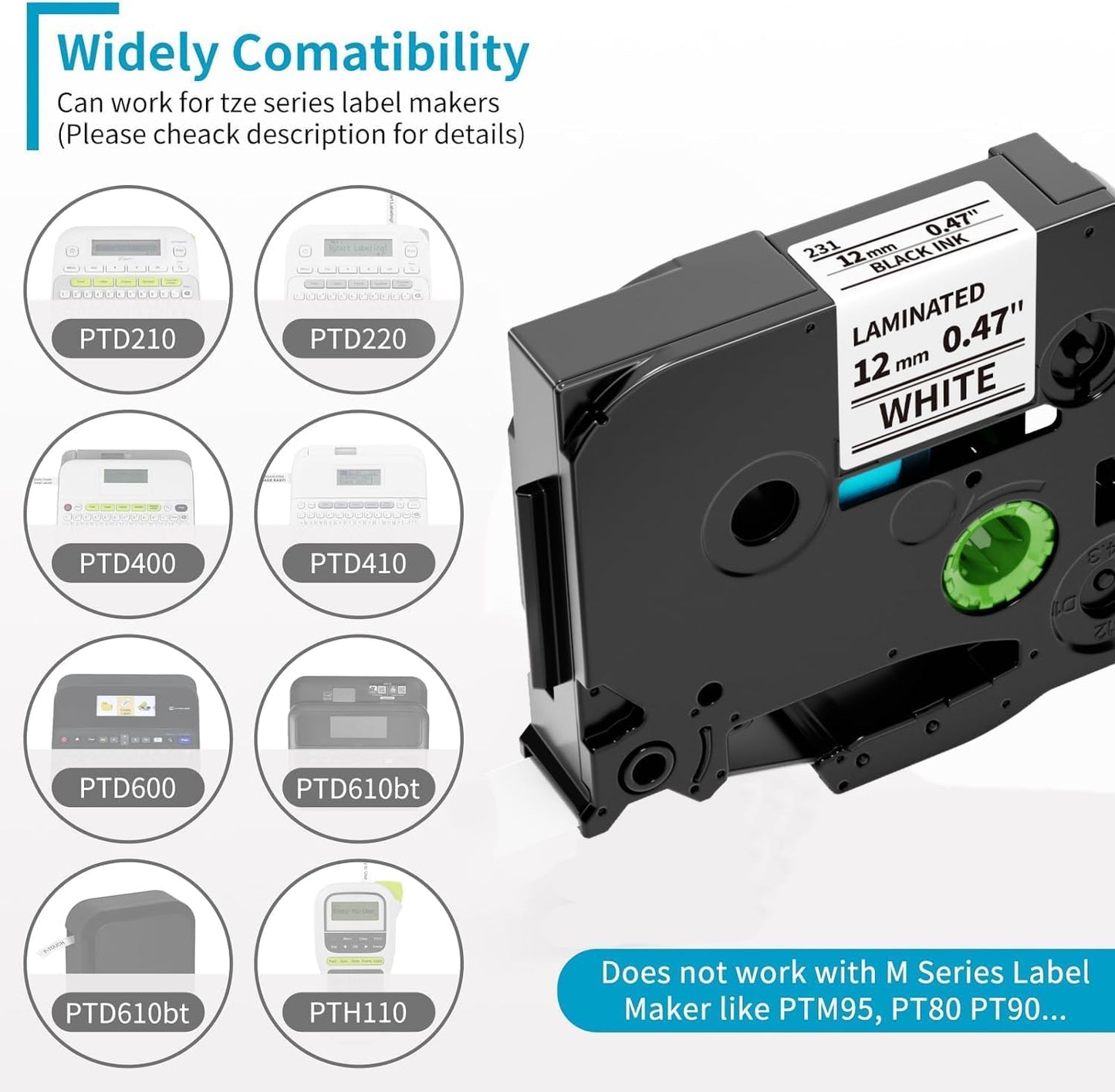 Airmall Replacement for Brother P-Touch Cube Plus PTH110 PT-1750 PT-P710BT PT-D410 PT-P700 Label Tape Tze-231 1/2 Inch x 26.2 ft(8m) TZe TZ Tape Refill Label Maker Tape 12mm 0.47 White, 6-Pack
