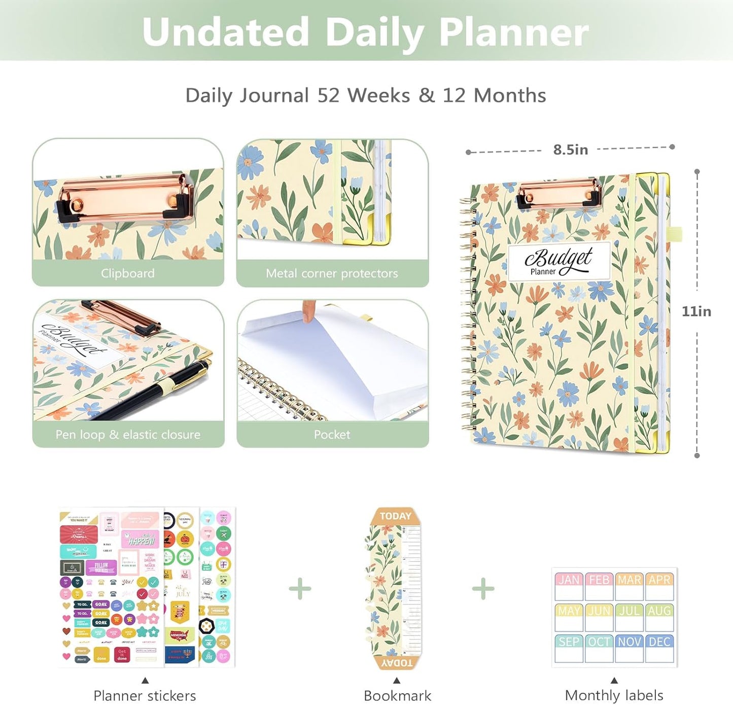 Ospelelf Large Budget Planner with Clipboard Undated Weekly Monthly Account Financial Planners Book with Stickers 12 Months 8.5"x11" Productivity Aesthetic Journey Yellow Floral