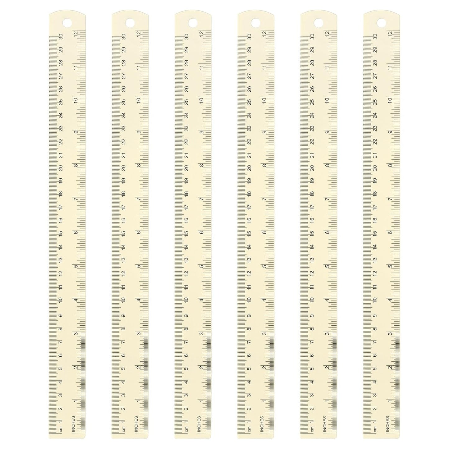 HARFINGTON 6pcs Metal Straight Ruler 30cm Metric SAE Aluminum Alloy Measuring Rulers Scale Tool with Hole for Measure Study Reading Classroom Office, White