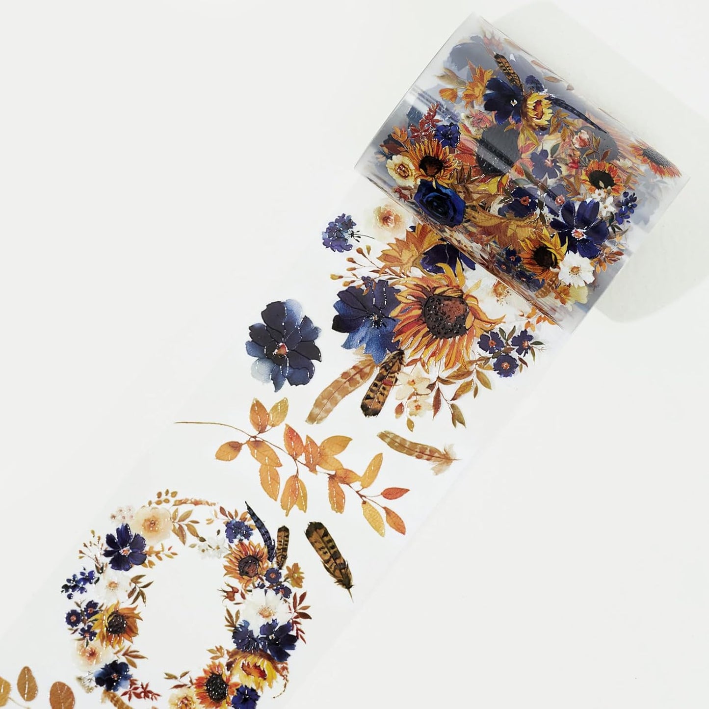 WT PET Tape, Floral Sunflower & Navy Design, Wide Decorative Craft Tape, Single Roll, Clear Transparent Tape for Bujo Planner & DIY Scrapbooking Supplies