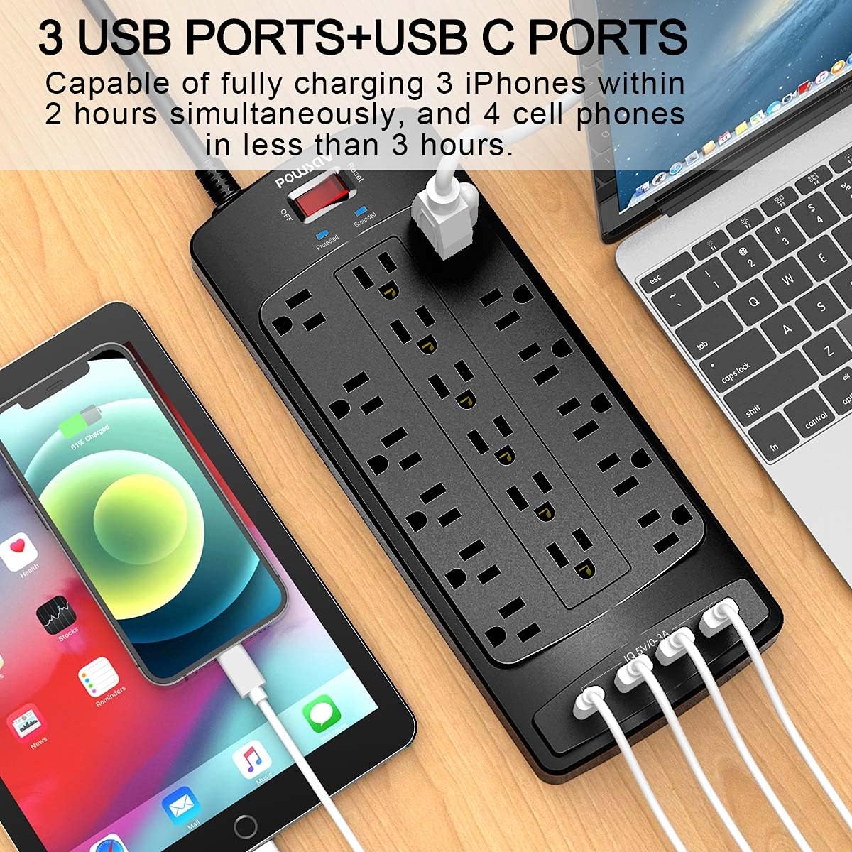 18 Outlets Surge Protector Power Strip - 20 Feet Flat Plug Heavy Duty Extension Cord with 18 Widely Outlets and 4 USB Ports, 2100 Joules, Black, ETL Listed
