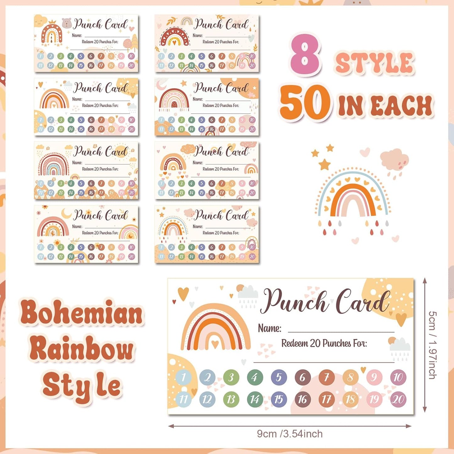 Fumete 400 Pcs Punch Cards for Classroom Reward Cards Behavior Incentive Loyalty Awards for Kids Students Teachers School Business, 8 Styles, 3.5 x 2 in(20 Boho Punches Style)