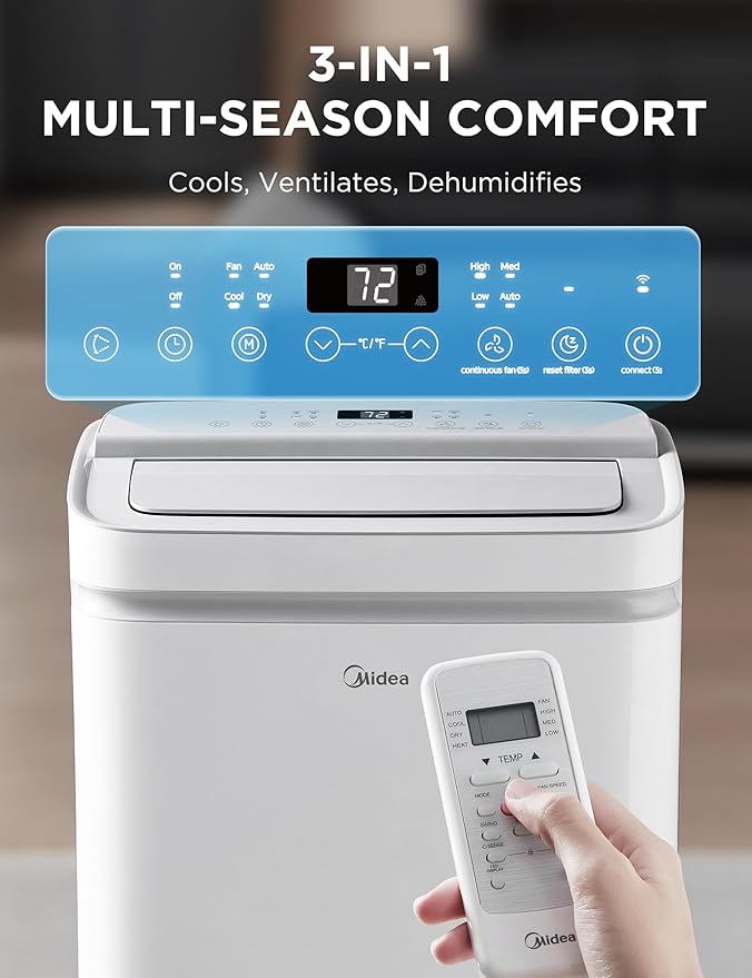 Midea 12,000 BTU ASHRAE (8,000 BTU SACC) Portable Air Conditioner, Cools up to 350 Sq.Ft., with Dehumidifier & Fan mode, Control with Remote, Amazon Alexa & Google Assistant, Easy-to-use and Install