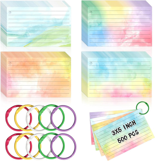 500 PCS Colored Index Cards with Hole Lined Flash Cards with Binder Rings Watercolor Notecards with Rings 3x5 Study Cards Flashcards for Home School Office Supplies
