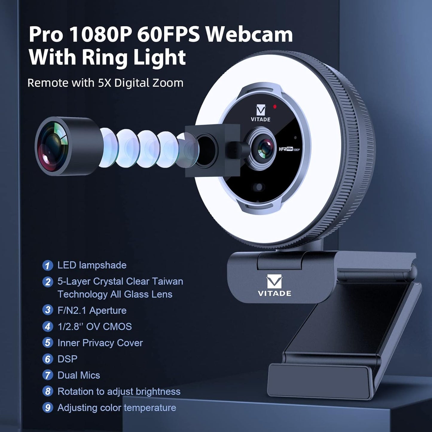 Zoomable Webcam with Remote Control, 1080P 60FPS Streaming with Ring Light and Microphone, Pro USB Webcam with 5X Digital Zoom and Privacy Cover for Zoom/Skype/Teams/PC/Laptop/Mac