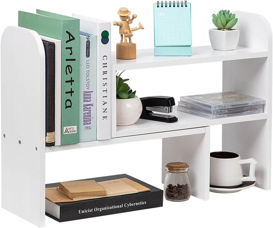 VERGOODR Desktop Adjustable Natural Wood Book Shelf Organizer Office Storage Rack Display Stand Caddy Set Expandable Desk Organizer (White)