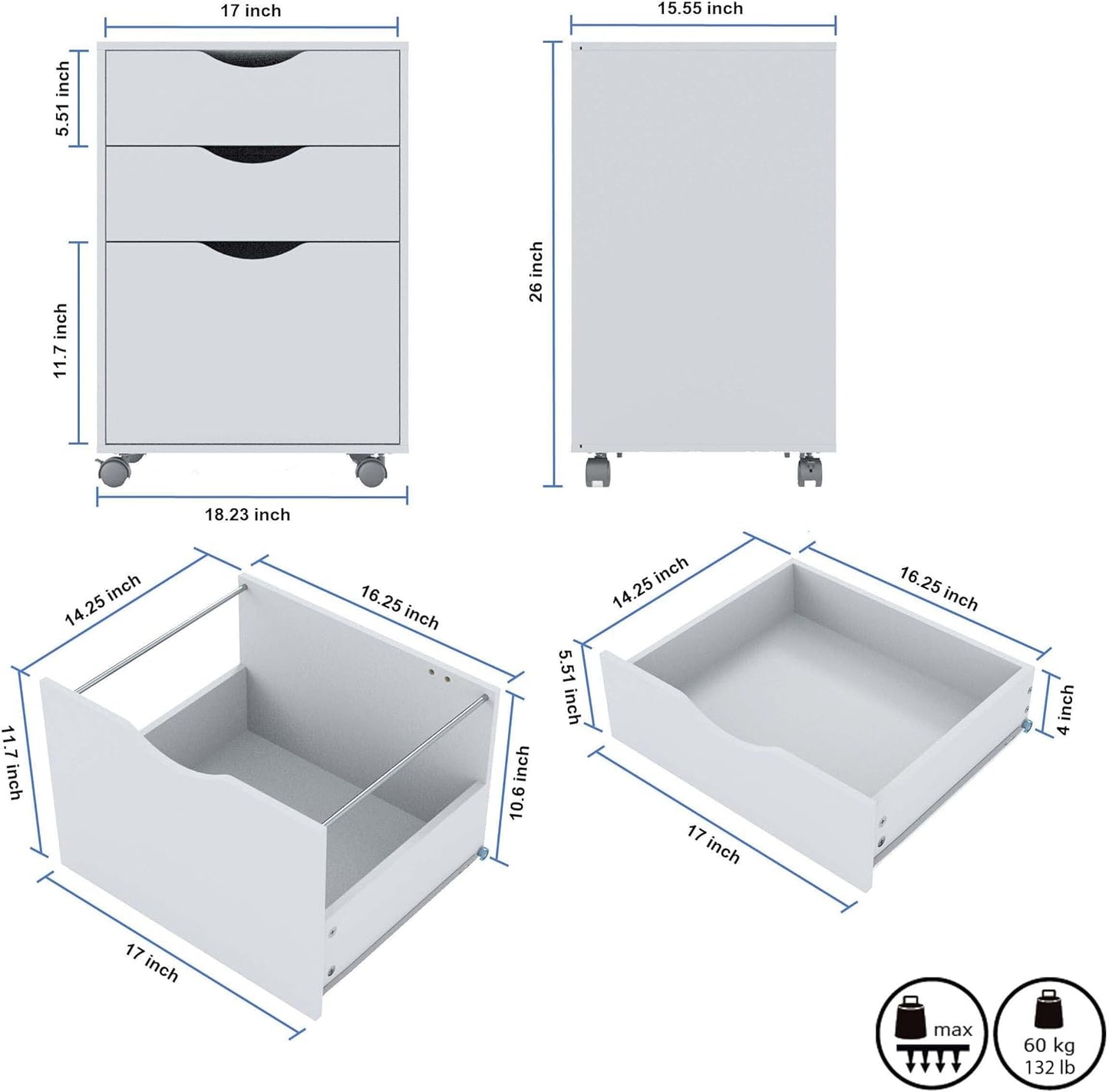 QDSSDECO 3 Drawer Mobile File Cabinet, Rolling Vertical Filing Cabinet fits A4, Legal Paper and Letter Paper for Home Office, White