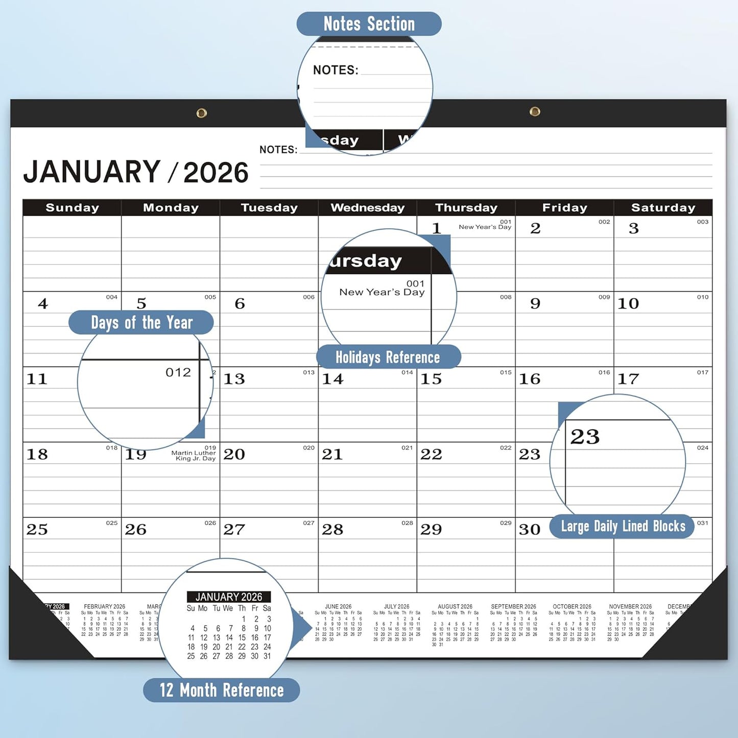 Desk Calendar 2026-2 PACK,January 2026 to June 2027,Desk calendar 2026-2027 Large 22x17, Calendar 2026 with PVC Cover,Round Holes& NOTES List (Black),18 Months 2026 Desk Calender.