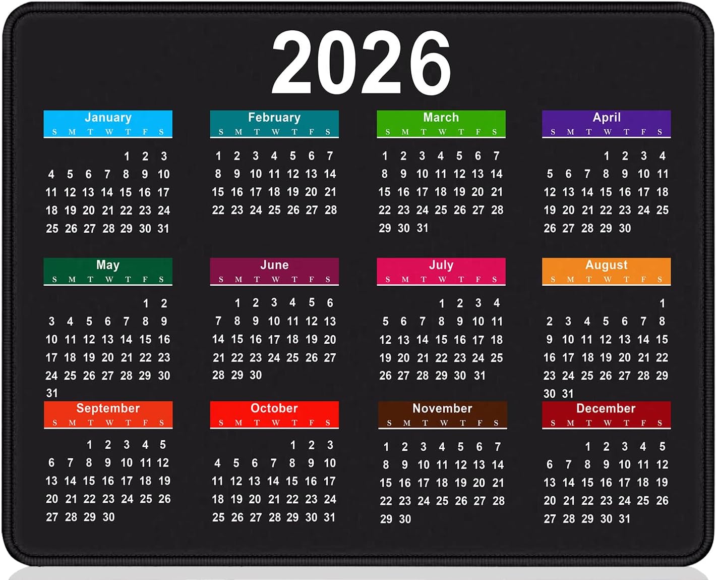 2026 Calendar Mouse pad, Gaming Stitched Edge Computer Accessory Mouse Pad, Rectangular Anti Slip Chloroprene Rubber Mouse Pad for Office and Home Use (Black Calendar Mouse Pad A-1)