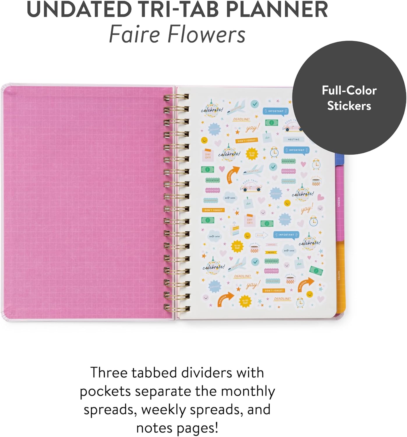 Orange Circle Studio Undated Tri-Tab Academic Planner 2026, Faire Flowers, Daily Notebook Journal, Cute Weekly and Monthly Calendar with Pocket, Stickers, Lined Pages for To Do lists and Planning