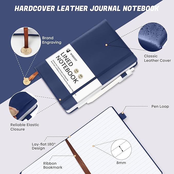Lined Journal Notebook, 366 Pages, 100Gsm Leather Hardcover Journals for Writing Thick A5 College Ruled Classic Notebook with Pen Loop, Daily Journal for Women Men Travel Business Work Office