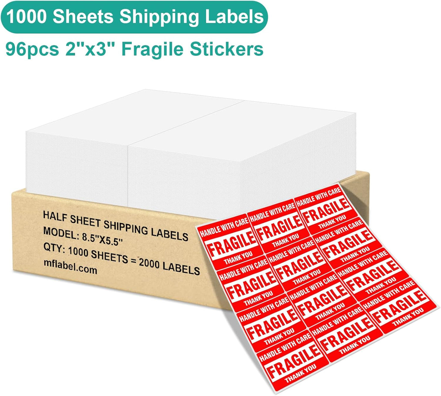 MFLABEL Half Sheet Label with Self Adhesive, 8.5 x 11 Inches Packaging Label, Address Labels, Shipping Labels for Laser & Inkjet Printers, 2000 Count(1000 Sheets)