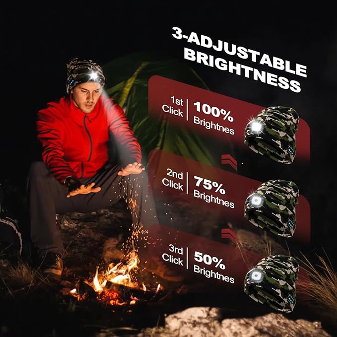 Gifts for Men, Rechargeable Bluetooth Music Unisex Beanie Hat with Light, Stocking Stuffers for Women, Birthday Gifts for Men, for Him, Camouflage