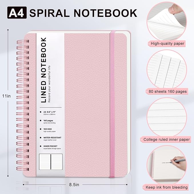 Lined Spiral Journal Notebook, A4 Hardcover Leather Notebook for Work, 8.5''×11'', 100GSM Thick Paper Spiral Bound Journaling Notebooks for Women & Men Office School Note Taking Business, Pink