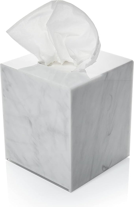 Acrylic Tissue Box Holder, Square Dispenser for Facial Tissues, Napkins, and Dryer Sheets. Perfect for Bathrooms, Desks, Countertops, Vanities, Bedrooms, and Nightstands (Square, Marble)