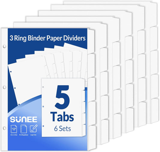SUNEE Binder Dividers with Tabs for 3 Ring Binder, 8.5 x 11 Paper White Binder Dividers Blank with 5 Tabs, 6 Sets Page Dividers for School, Office and Home, 30 Dividers