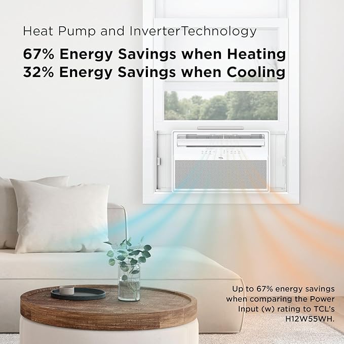 TCL 12,000 BTU Q-Series Smart Inverter Window AC with Heat Pump, Ultra-Quiet, up to 67% Energy Saving, 115V, Compatible with Alexa/Google Assistant/Apple Homekit/Matter, Cools up to 550 Sq. Ft.