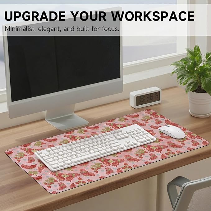 Botanical Floral Desk Pad Blotter,Large Mouse Pad 35 x 17in,PU Leather Desk Mat Writing Pad Protector, Non-Slip Waterprrof,Desktop Decor for Home Office Women Girls (Pink Stawberry Butterfly)