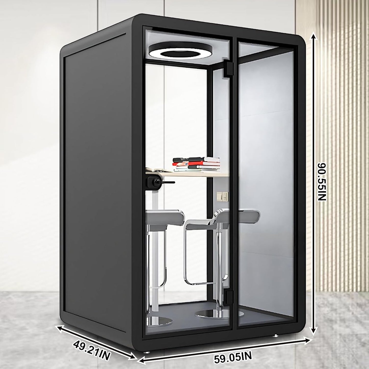 Office Sound Booth with Audio Privacy - Modern Soundproof Booth Includes Black Frame Design,Simple Soundproof Room with Light, Socket,Casters for Office,Negotiation (59.05IN)