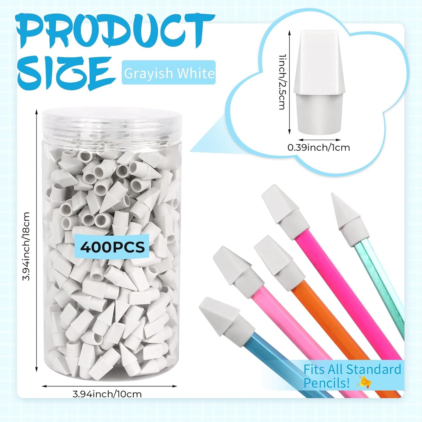 PRALB 400PCS White Pencil Top Eraser, Cap Erasers Toppers for Pencils, Pencil Eraser Caps for School Supplies, Classroom, Office, Party Favors & Games Prizes