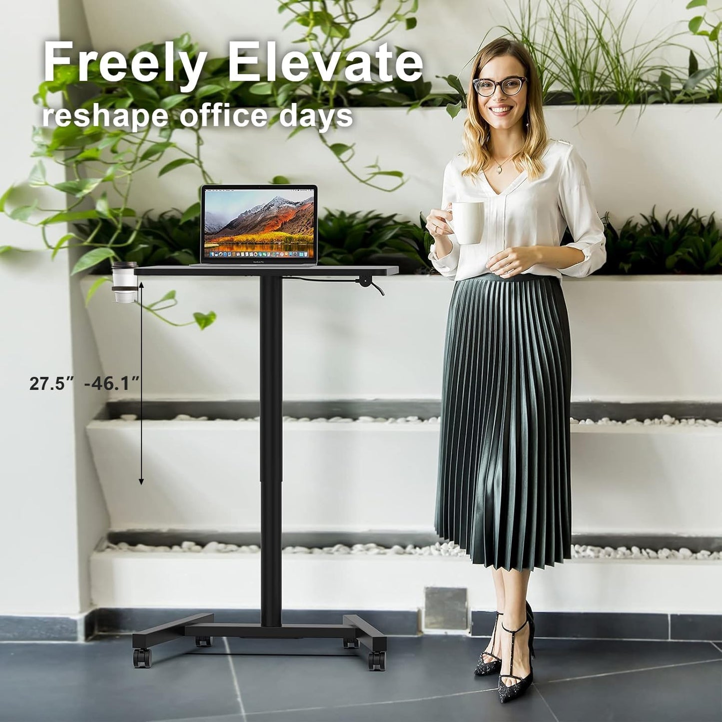 28-Inch Mobile Standing Desk Adjustable Height with Cup Holder, Portable Standing Desk with Lockable Wheels, Rolling Table for Home Office Classroom Hospital (Jet - Black)