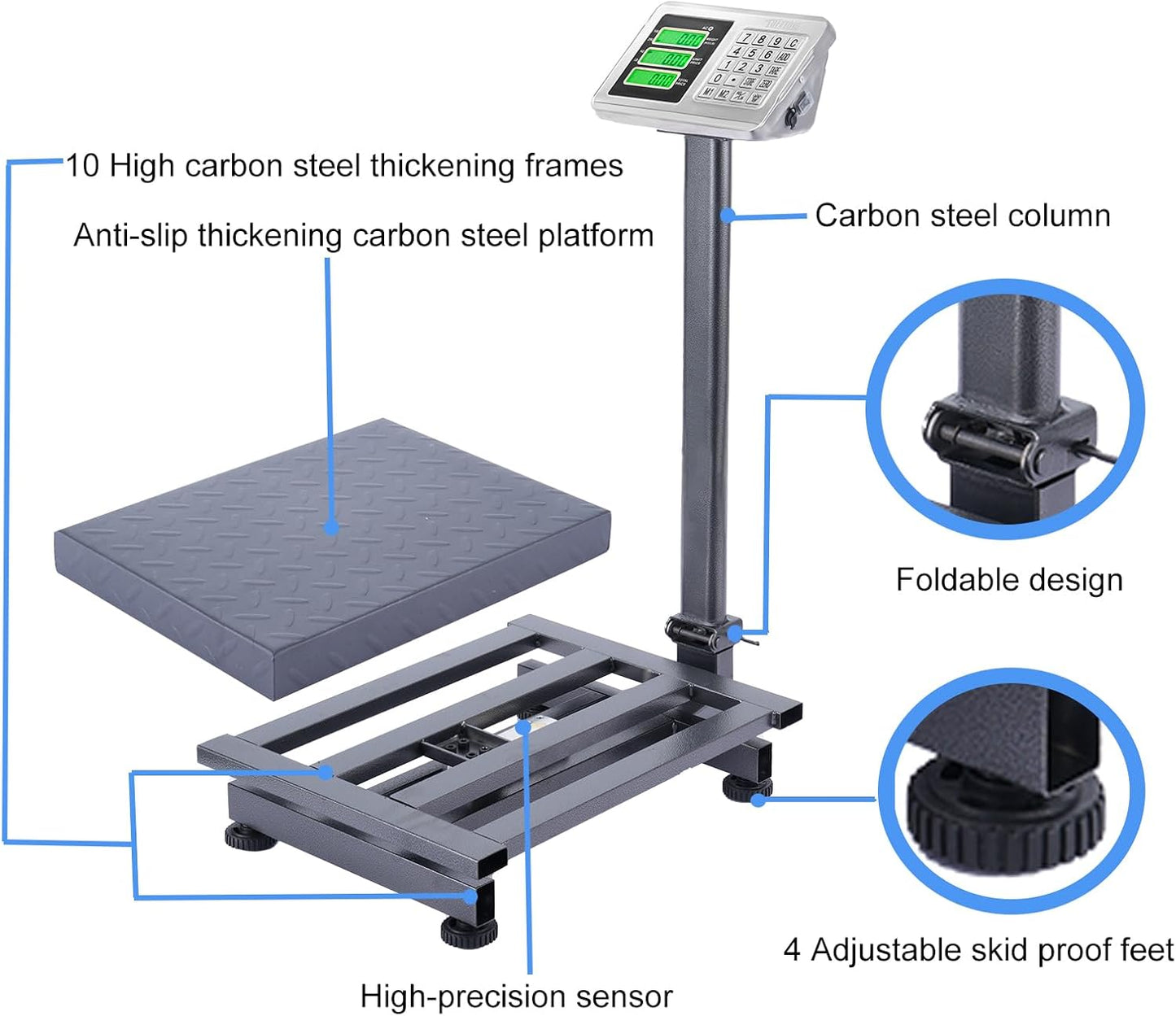 TUFFIOM 661lbs Electronic Industrial Commercial Platform Scale,Stainless Steel High-Definition LCD Display,Digital Floor Heavy Duty,Luggage Package Price Computing Postal Shipping Mailing，Grey
