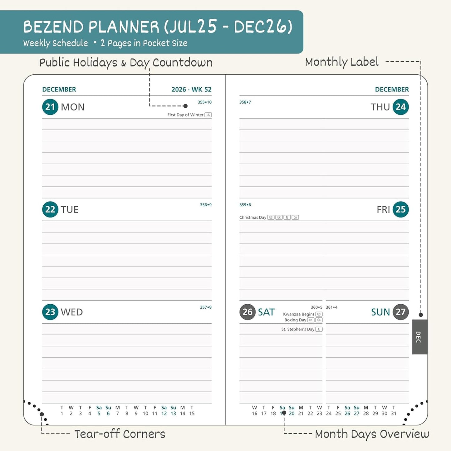 BEZEND Pocket Planner 2025-2026 Weekly and Monthly, 3.5" x 6" Academic Planner (Jul 25-Dec 26) 18-Month Mid-Year Calendar Book, Storage Pocket, Pen Holder, PU Leather Hardcover - Kiwi