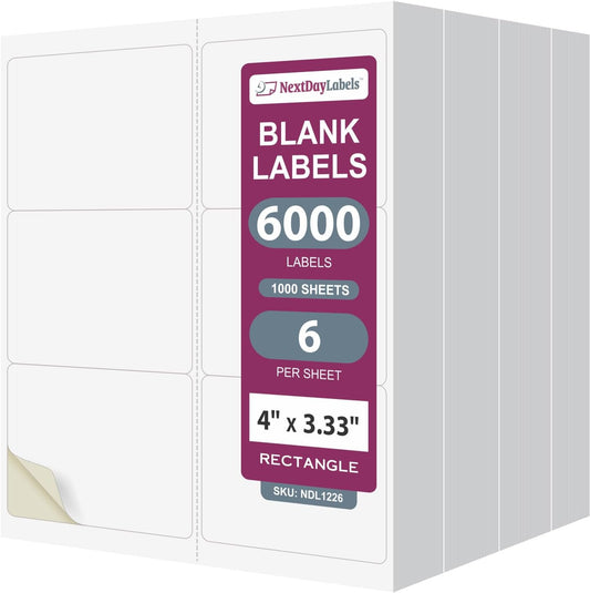 NextDayLabels – 4" x 3-1/3" Rectangular Sticker Labels for Printer - White Laser/Inkjet Printer Labels Return Address Labels Shipping Label Stickers (1000 Sheets, 6 Per Sheet, 6000 Labels)