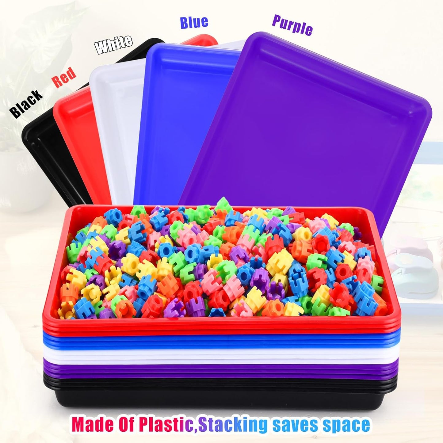 Maitys 15 Pcs Flat Plastic Trays 16.1 x 11.8'' Sensory Storage Tray Paper Stackable Classroom Bins for Office Home Organizer Arts and Crafts Supplies(Mixed Color)