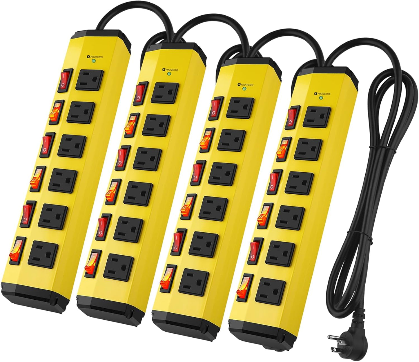 ANNQUAN 4PCS 6 Outlet Metal Power Strip with 6 Individual Switches,Heavy Duty Power Strip 1200J 15A 6FT Cord Home Office Industrial Commercial Shop