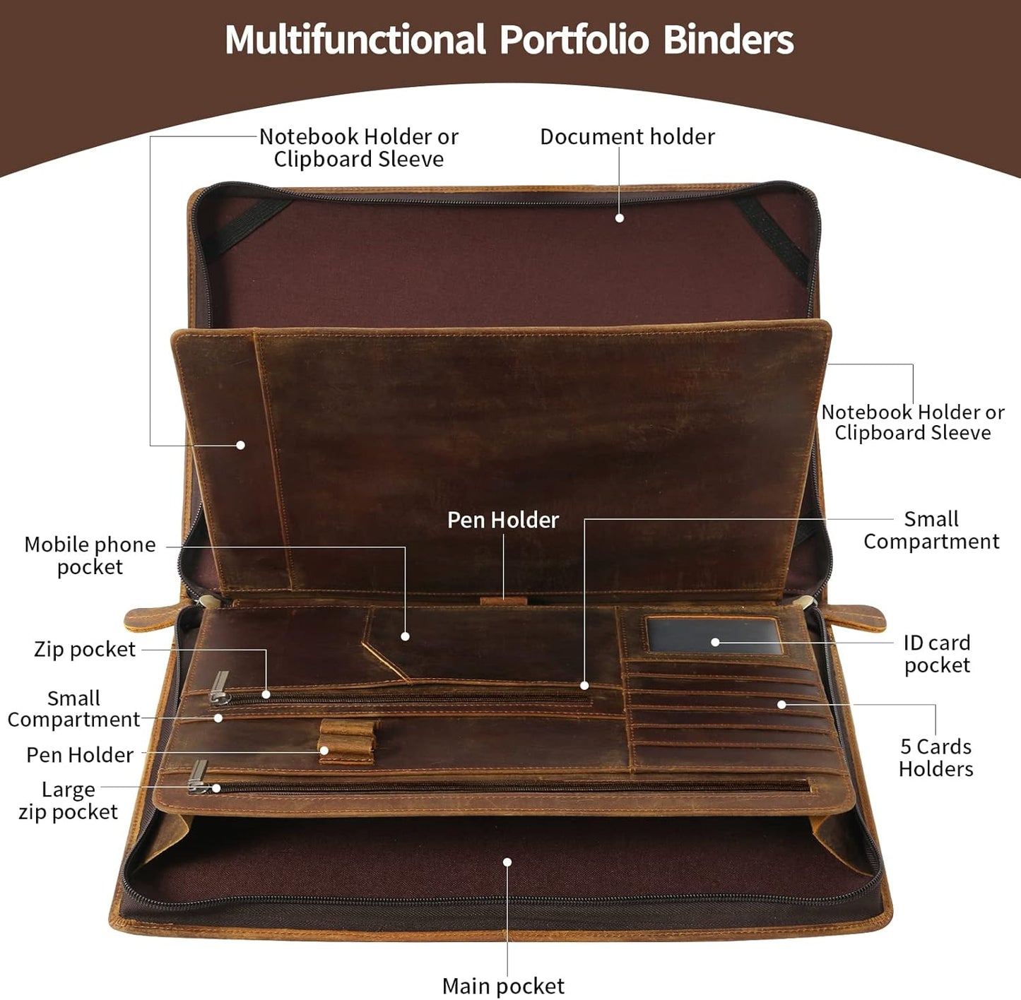 Ringsun Genuine Leather Portfolio Organizer for Men Women with Handle, Full Grain Leather Padfolio Folder with Zipper Business Resume Portfolio for 12.9" iPad, Brown, RS118