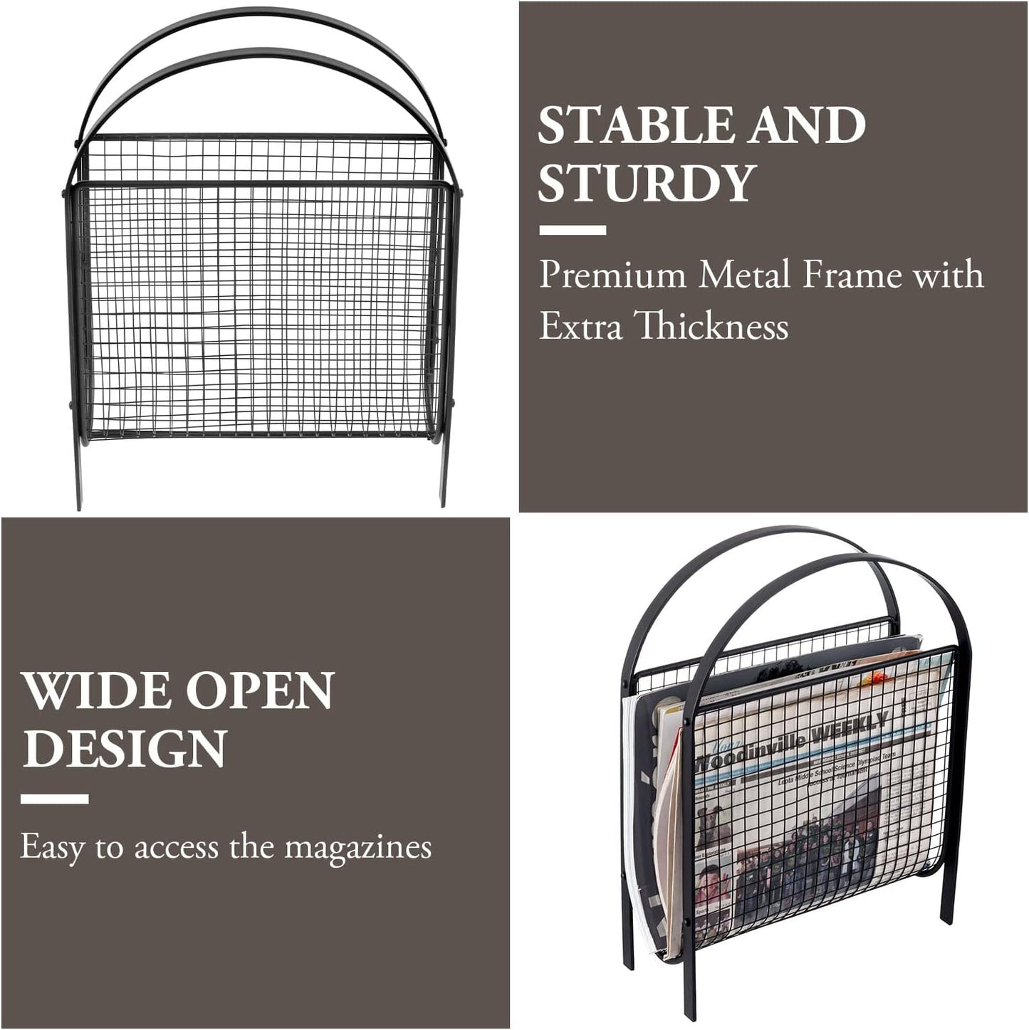 MyGift Mid-Century Design Magazine Rack, Matte Black Tone Metal Mesh Freestanding Magazine Organizer Holder Sling