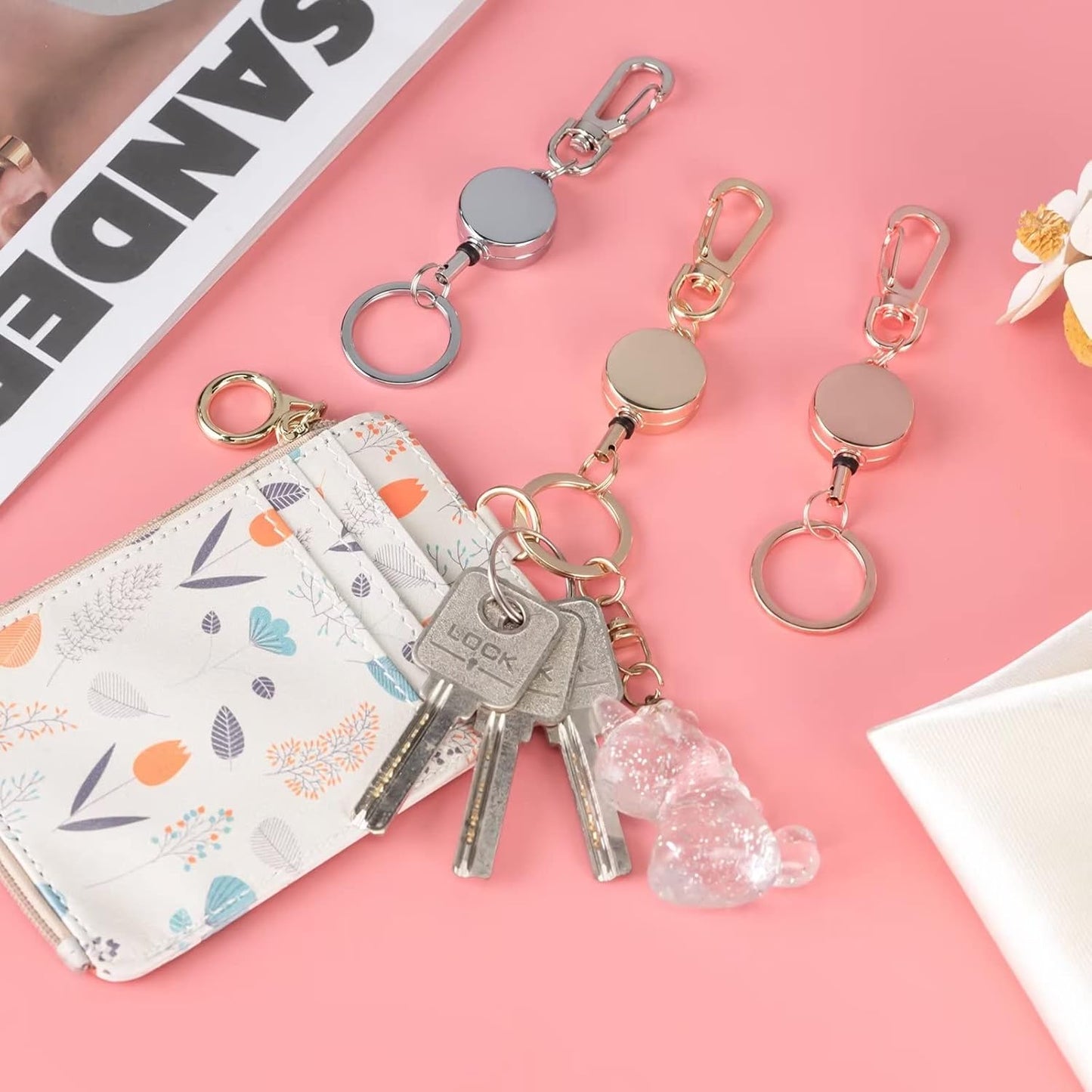 bolimoss 3 Pack Silver Badge Reel Retractable Metal ID Badge Holder with Belt Clip Key Ring for Name Card Keychain for Nurse,Volunteer,Teacher,Student (Silver)