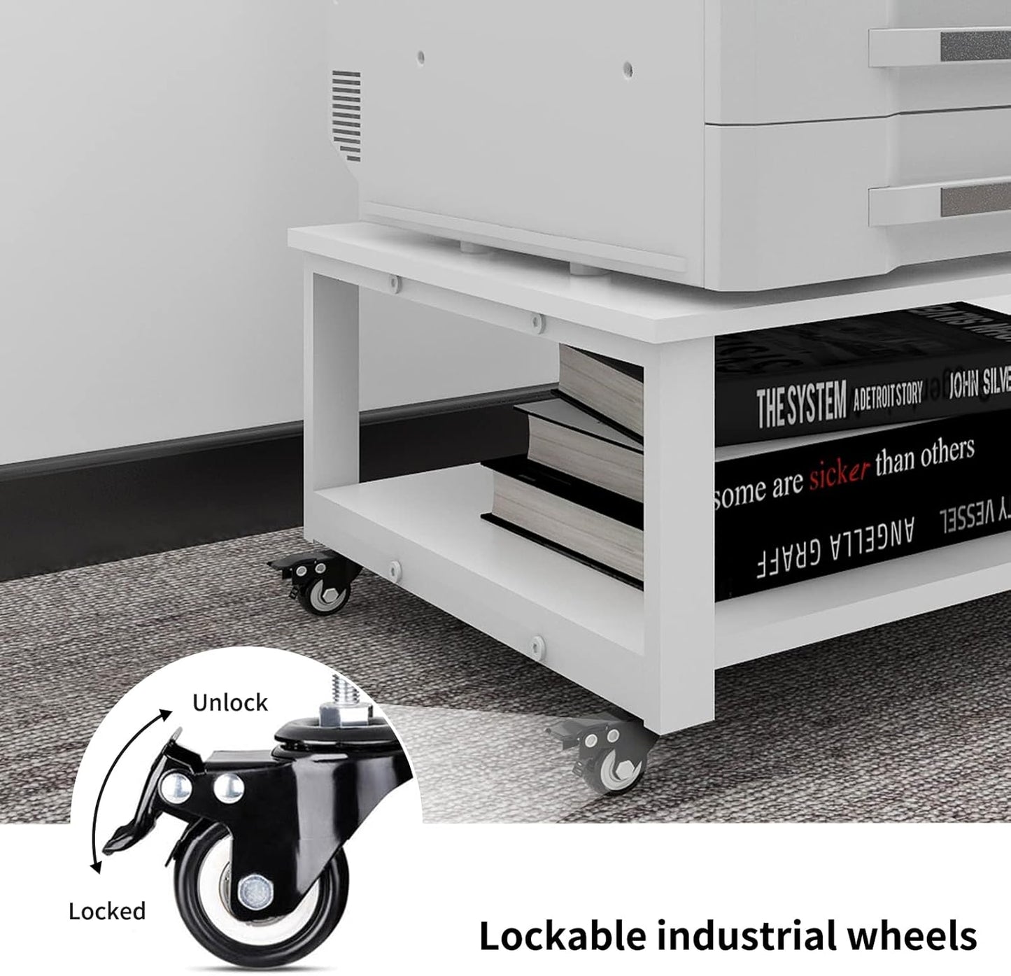 Natwind 2 Tier Laser Printer Stand,23.6''x23.6'' Large Printer Table,Copier Stand with Wheels, Heavy Duty Rolling Printer Cart with Paper Storage Shelf for Home Office (White)