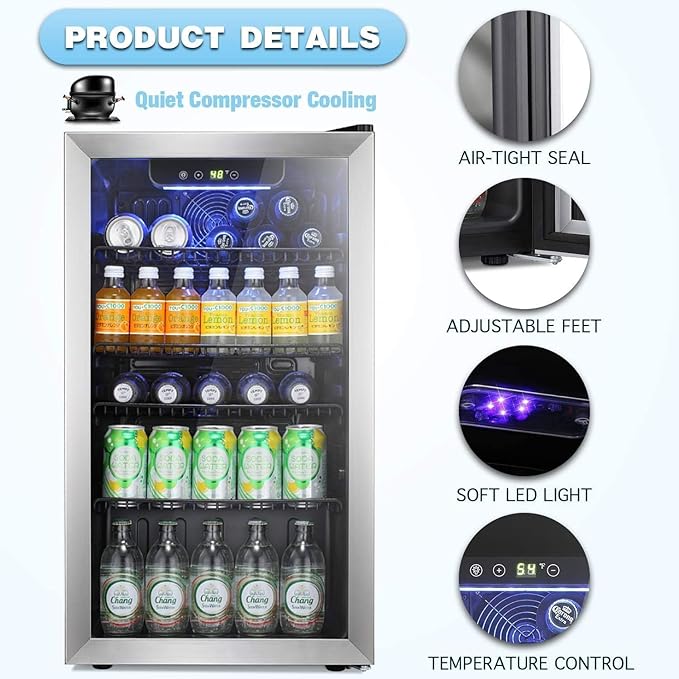 Antarctic Star Beverage Refrigerator Cooler -120 Can Glass Door Mini Fridge, for Soda Cola Beer or Wine Constant Glass Door Small Drink Dispenser Clear Front Door for Home, Bar 3.2cu.ft