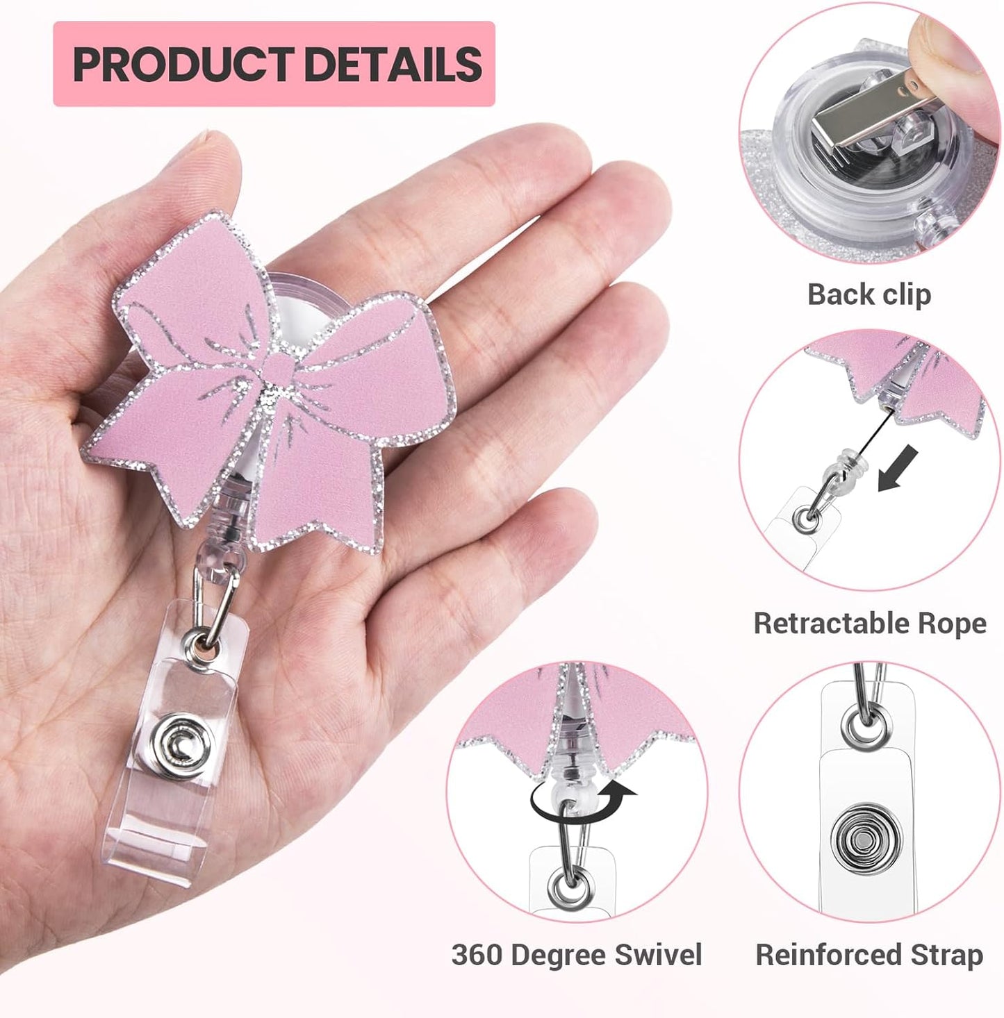 Cute Badge Reel, Pink Bow Badge Holder, Nurse Name Badge Reel with Retractable Clip, Medical Worker ID Card Holders, Pediatric Nursing Accessories for Nurse Doctor Student Teacher Office