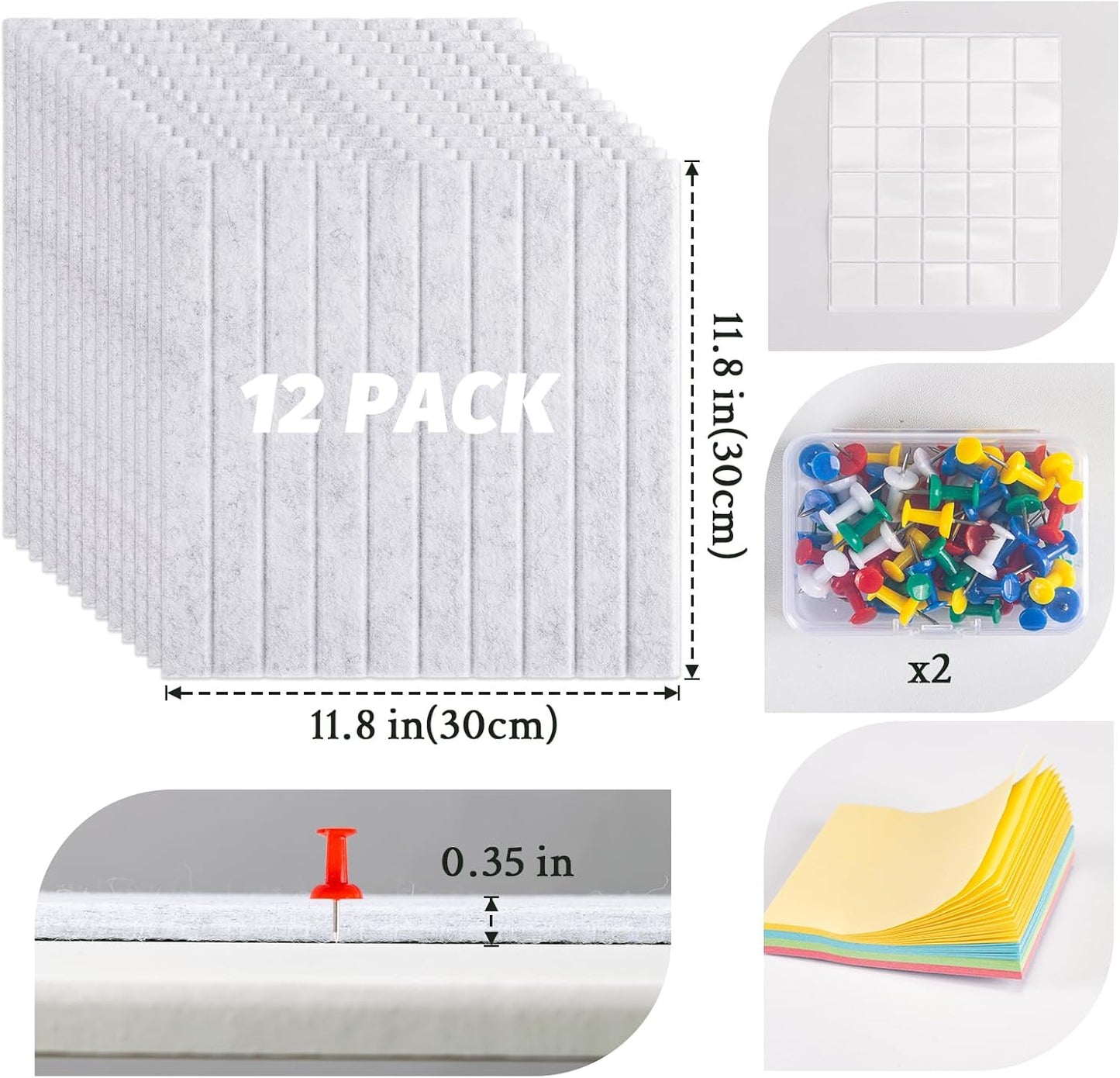 Large Cork Board Alternative, 12 Pack Felt Board with Safe Removable Adhesive Tabs Felt Wall Tiles, Large Cork Boards for Walls, Cork Board for Home Office, Pin Boards for Walls, Stripe Marble White