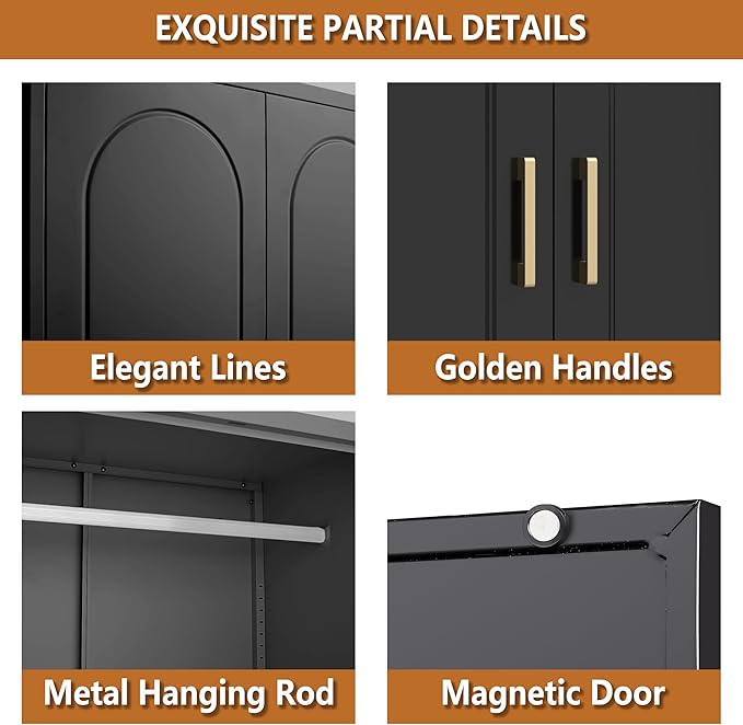 Metal Armoire Wardrobe Closet with Hanging Rod, 71" Tall Wardrobe Cabinet for Clothes, Black Clothing Storage Cabinet with Doors and Shelves, Large Wardrobes for Bedroom-Assemble Required