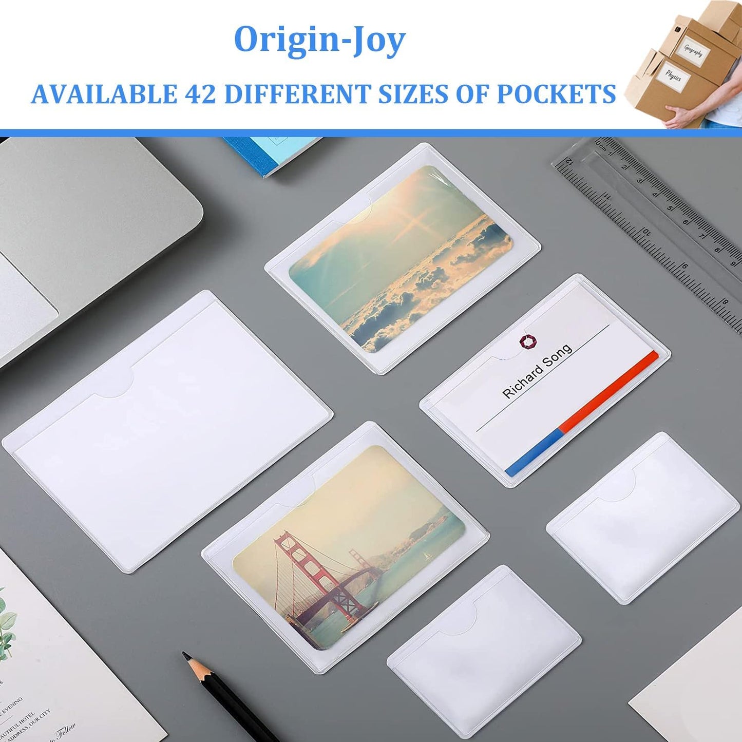 Origin-Joy 35 PCS Self Adhesive Index Card Pockets with Top Open, Clear Plastic Label Holder for Cards of Note, Library and Business, Adhesive Label Pockets & Card Holder (4.75 x 4 inch)