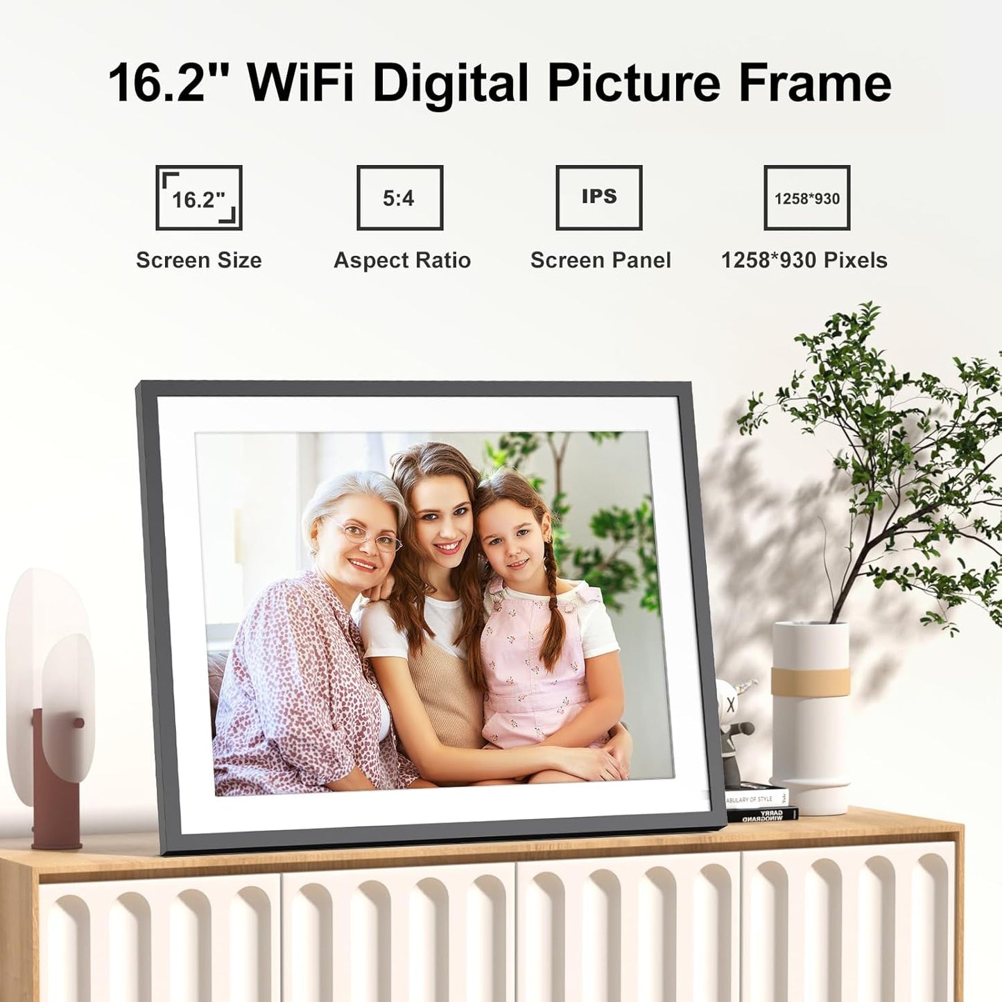 Large 32GB Digital Picture Frame Electronic Calendar - 16.2 Inch Wall Mountable Wi-Fi Picture Frame, Auto-Rotate, Motion Sensor, Share Photos Video via App Email, Free Cloud Storage, Gift for Him