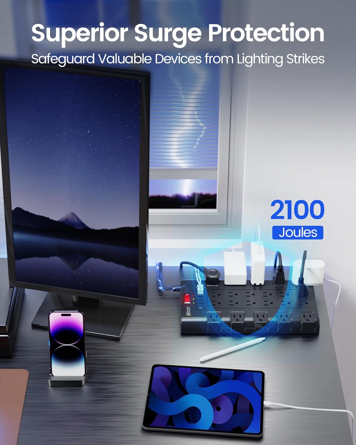 Power Strip Surge Protector, SUPERDANNY 15Ft Long Extension Cord with 6 USB Charging Ports and 22 AC Outlets, 1875W/15A, 2100 Joules, Flat Plug Power Outlet for Home, Office, Dorm, Gaming Room, Black