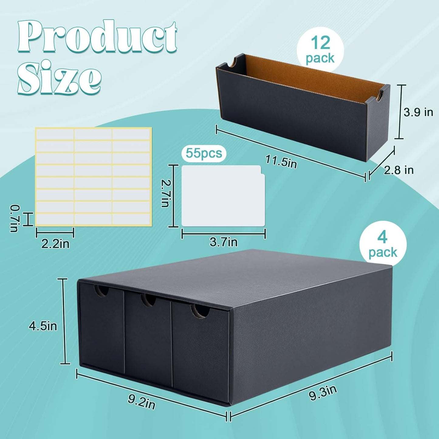 Cholemy Trading Card Storage Box 15000+ with 70 Cardboard Storage Divider, Label Sticker for Collection Compatible with TCG, Sport Cards(4 Row, 3 in A Row,Black)