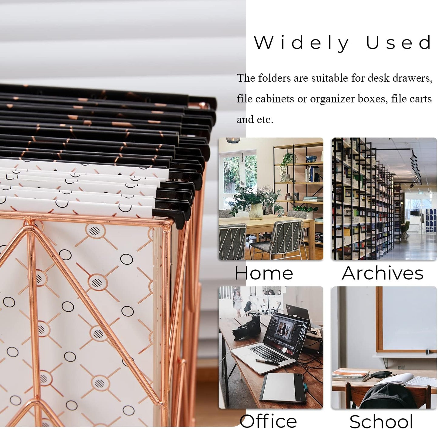 Y YOMA 12 Pack Decorative Hanging File Folders Letter Size Rose Gold File Folder Pretty Hanging Folder Organizer for Filing Cabinet Office Home with 1/5-Cut Adjustable Tabs, 3 Black Foil Design