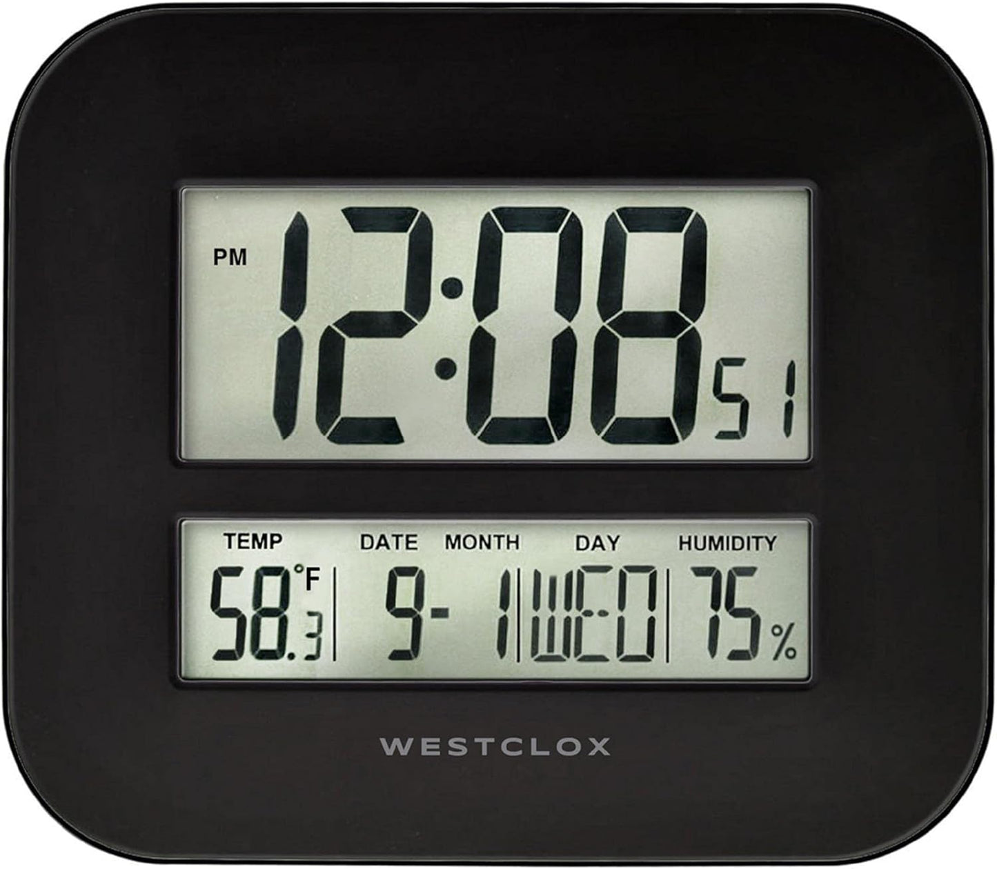 Westclox Black Large Digital Wall Clock, 11"x9" Display for Home & Office - Modern Style with Date, Temperature, Humidity, Battery Powered